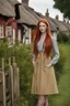 Placeholder: Full body and headshot of a slim young woman with long straight red hair, standing in front of a row of cottages and shops with thatched roofs