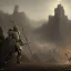 Placeholder: a Midieval knight in metallic gold and grey battle armor, attacking and holding a hockey stick, a highly detailed illustration, background of Inka castle, realistic render, in style of tomasz alen kopera,