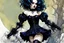 Placeholder: Create and fine print full body illustration of an epic fantasy Goth Girl ball jointed porcelain doll, with finely lined and detailed facial features, in a ragged gothic dress, fishnet stockings ,battered combat boots, , in the comic book style of Bill Sienkiewicz, Philippe Druillet, and Jean Giraud Moebius, precisely drawn, colored and inked