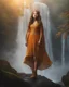 Placeholder: Realistic full body Photography of a beautiful girl. Child of the sun. The Queen.(hovering:1.3), (levitate:1.3). Waterfall forest covered in mist and fog, The queen has a perfectly detailed face, realistic, ((amber glowing eyes:1.5)), glowing energy forcefield, frozen human body, nature, subsurface scattering, translucent skin, glow_in_the_dark, bloom. Bioluminescent blue and transparent liquid, Leonardo Style, cool color, vibrant, volumetric light, transp