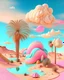 Placeholder: A whimsical desert oasis with candy-colored sand dunes, bubblegum palm trees, and marshmallow clouds