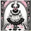 Placeholder: Storybook illustration of a Pierrot Clown, black and white with pink accents, Beardsely style, art nouveau elements, vintage drawing, pierrot vintage, black and white marble floor