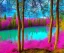 Placeholder: magic pink forest with purple and pink trees, pink and blue and yellow flowers and beautiful fairies around a turquoise lake, a blue sky and sunlight