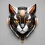 Placeholder: Front logo. 3D. Black, orange and white palette cyborg cat in artistic style, minimalist