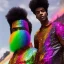 Placeholder: full body shot, masterpiece, best quality, man of median age, black skinned, sparkling eyes, fluorescent skin, colorful makeup, afro, highly detailed body, afrofuturism, scifi, sun light, 4K, RAW, depth of field, high contrast, realistic details, 24mm