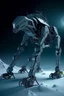 Placeholder: a mechanical walker with eight legs scaling a very steep snow covered side of mout everest at night, it has a smooth surface, it has storage pods on its belly human can fit in the pods