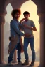 Placeholder: a single 50 year old man embraces a single, beautiful 12 year old arabic boy with long, curly hair and light blue eyes, not muscular, smiling