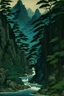 Placeholder: A dark teal river ravine between mountains painted by Utagawa Hiroshige