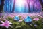 Placeholder: magic brightness diamon in a magic blue and pink lawn in a fairy forest, with lightness sky