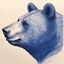 Placeholder: sideview of bear head, extreme low detail sketch with strong contrast, use 70s cartoon style, monochromatic outline stamp technique, indigo ink on creamy paper texture