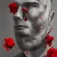 Placeholder: portrait of man with a fading red flower inside his face, high detailed black and white with red accents, digital painting.