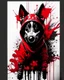 Placeholder: Banksy style. Vibrant and dynamic masterpiece with fluid patterns forming a killer dog with hood and gas mask, its eyes are intense. Red, white and black colors, creating a fascinating effect. Full body