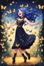 Placeholder: Girl with blue hair in black and gold dress dancing with butterflies, stardew, valley style