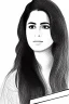 Placeholder: Pencil sketch of Young woman, Arab features,sad, long wavy hair, reading a book, full body، on lined paper