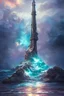 Placeholder: a delicate sparkling diamond fantasy tower splashes upwards from a turbulent ocean, dramatic lighting, rich colors, sunlight shimmering off the tower and the water and the spray, beautiful oil painting trending on artstation