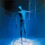 Placeholder: Minimal abstract oil painting of a naked body limbs sinew twisted . Background of bright blue with random words. hanging wires illuminated at night. In the style of Justin Mortimer and Phil Hale and Ashley Wood