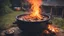 Placeholder: delicious stew bubbling in a cauldron suspended over a wood fire outside in the night