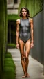 Placeholder: anorexic beautiful woman, age 21, total shot, short anthracite triathlon swimsuit, wavy bob haircut, brunette hair, blurred concrete background