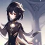 Placeholder: Clear focus,High resolution, black short fluffy hair, long fluffy bangs, and red eyes, Depressed girl, wearing a genshin impact outfit,slight revealing outfit, Smug smile, half closed eyes, smile,