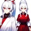 Placeholder: Clear focus, 8k, beautiful lighting, vibrant colors, girl, white hair, long hair, vibrant red eyes, ponytail, same twins, white hair, red eyes, same clothes, miko, hair in between the eyes,