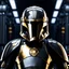 Placeholder: star wars bald male corellian pilot wearing pearlescent black and gunmetal grey First Order special forces heavy assault armor and helmet with gold trim inside the jedi temple, centered portrait, hyperdetailed, dynamic lighting, hyperdetailed background, 8k resolution, volumetric lighting, light skin, fully symmetric details