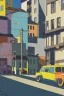 Placeholder: Bauhaus style city street, sloped street, street scene, cel - shading, flcl, jet set radio future, golden hour, Swedish town, concentrated buildings, swedish neighborhood, cel - shaded, strong shadows, vivid hues, y 2 k aesthetic