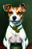 Placeholder: a painting of a jack russel dog, by lucian freud, textured, anatomically correct, beautiful woman perfect face, green eyes, sharp focus, highly detailed. desolate background. the royal tenenbaums