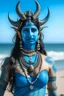 Placeholder: A photo of a blue skin Hindu goddess with painted blue face and body skin, wavy black hair deer antler horns, standing on a sunny beach