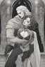 Placeholder: Strahd Von Zarovich being kissed on the neck by a beautiful woman with white hair, wearing an off the shoulder dress. Settling and background are a lavish toomb with an ebony coffin.