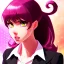 Placeholder: crystal clear blue eyes, and dark pink hair, dot eyebrows, woman, angry expression, pointy ears, long hair