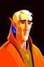 Placeholder: A portrait of Christopher Lee in his thirties as an elf mage, dressed in an expensive orange medieval shirt, in the style of Genndy Tartakovsky, long pointy elven ears, dark background