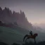 Placeholder:  mountains with medieval knight traveling on a horse in the background