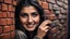 Placeholder: Hyper Realistic Photographic-Close-Up View Of a Beautiful Young Pashto Woman With Beautiful Eyes (& Eye Brows) & Beautiful Hands Peeking From A Brick-Wall Giving Bold Smile & Bold Expressions Putting Her That Hand On That-Brick-Wall At Rainy Night Showing Dramatic & Cinematic Ambiance.