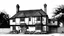 Placeholder: A detailed ink illustration of a front elevation of a Tudor fantasy house, with tall chimneys and roofs.