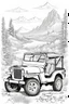 Placeholder: outline art for an adults coloring page, Willys Jeep on an Off-Road Adventure , white background, detailed sketch style,no color , only use outline, clean art , white background, no shadows and clear well outlined,