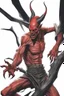 Placeholder: Realistic malevolent devil leaning forward at an angle facing left, posed as if over a person's shoulder, red skin, horror style, no other person.
