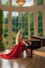 Placeholder: A hyper-realistic , an mysterious woman in all red dress, with very long blonde hair , playing piano in the living room of a huge mansion near a window showing a beautiful garden outside, vibrant colors,, 64K, hyperrealistic, vivid colors, (glow effects:1.2) , 4K ultra detail, , real photo