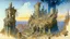Placeholder: Destroyed City, medieval ruins, debris, stone, breched, brocken, Perspektiv from the sky, by Jean-Baptiste Monge, Ivan Bilibin, Albert Bierstadt, Reza Badrossama, watercolor, intricate details, fantasy, beautiful, oil on canvas, award winning, imperial colours, fantastic view, radient colours, very attractive, crisp quality