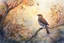 Placeholder: Nightingale on a branch in a thick hedgerow, singing, the breath draws a misty swirling pattern, sunrise, warm colors, smooth intricate high definition beautiful lighting watercolor dramatic lighting polished deep color warm light