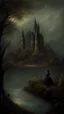 Placeholder: , beautiful and highly detailed , meticulously detailed dark sky, strange witch; ethereal fantasy hyperdetailed mist, maximalist matte painting, polished, realistic oil painting; Victorian era portrait castle by the lake ,painting, old fashioned, vintage, antique, beautiful, bleak environment, gothic, spooky, eldritch, 16k