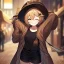 Placeholder: Clear focus, High resolution, short brown spiky hair, hair between eyes, eyes closed, wearing a brown detective hat, wearing a brown jacket and a black shirt, wearing black shorts, 1girl, pulling hat down, smiling