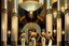 Placeholder: Inside an Art Deco Opera foyer, with mirrors and brass sconces, incandescent, gleaming, people in extravagant costumes by artist "Erte"