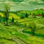 Placeholder: A lime green wasteland with small barren village painted by Vincent van Gogh