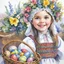 Placeholder: Easter Swedish smiling little girl native costume easter basket eggs flowers spring Thomas Wells Schaller, watercolor and ink, delicate