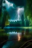 Placeholder: There is a storm in the magical forest. Lightning strikes the pond.