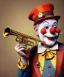 Placeholder: happy and funny old friendly clown with round head and trimmed beard playing jazz with a steampunk theme, trumpet on mouth, carnival, dreamy