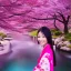 Placeholder: jolie femme asiatique en kimono près d'une cascade d'eau transparente entouré de cerisiers du japon avec aurore boréale rose