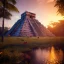 Placeholder: Chichen Itza, sunset, rainbow sunset, waterfall, palms, twigs, spring, sunset rainbow, bridge flying birds, unreal engine 5, cinematic lighting, realistic, hyper detailed, 8k, octane render