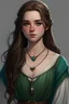 Placeholder: A rebellious princess in medieval times. She has long brown hair and faded green eyes. She had somewhat of a hooked nose. She has a slender build and is fairly tall. She has a blue pendant crystal on a necklace. She wears a white and black dress with high thigh slits. Her skin is a little tanned. She is 15 years old.