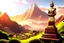 Placeholder: Digital art, high quality, masterpiece, natural illumination, sunny day, (peruvian valley:1.2), (inca terraces:1.1), a mountain at the right, a inca statue on top of the mountain, bronze statue